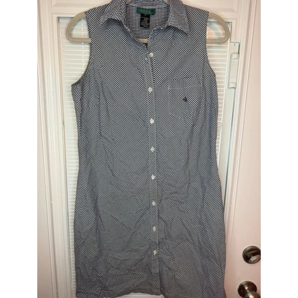 Ralph Lauren Gingham Sleeveless Button Front Shirt Dress M Black White